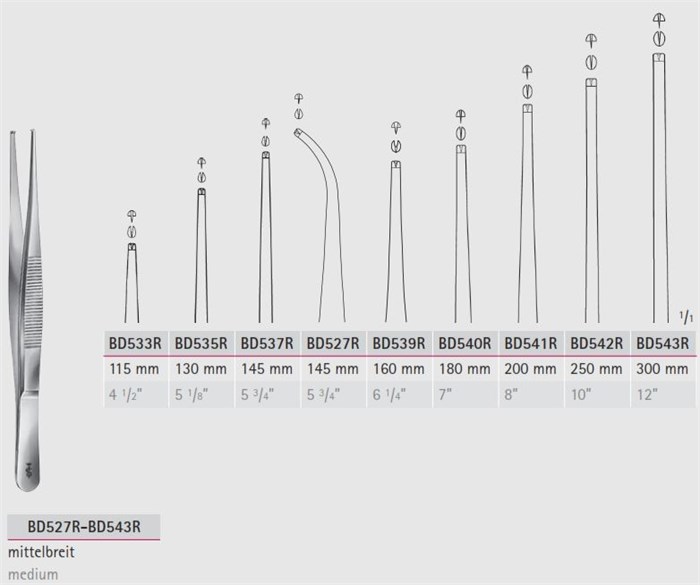 Пинцет хирургический, средний, зубчики 1х2, 160 мм, арт: BD539R BD539R - фото 375102
