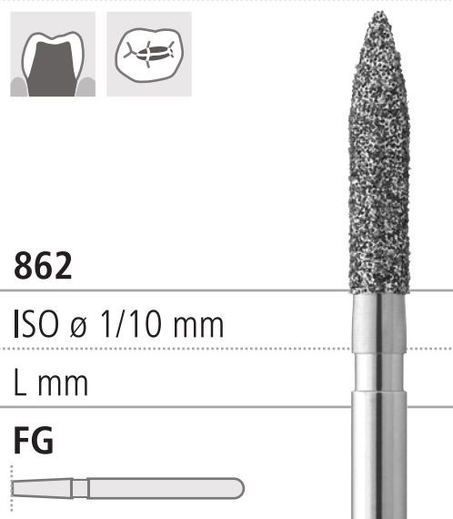Боры стоматологические алмазные FG 862/016, зол., 6шт. ISO код 314249514016, арт: FG311/6 GB FG311/6GB - фото 387321