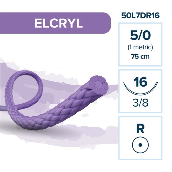 Elemaar ELCRYL 5/0 - шовный материал, 75 см, 3/8, 16 мм, колющая, 12 шт. 50L7DR16 - фото 389012