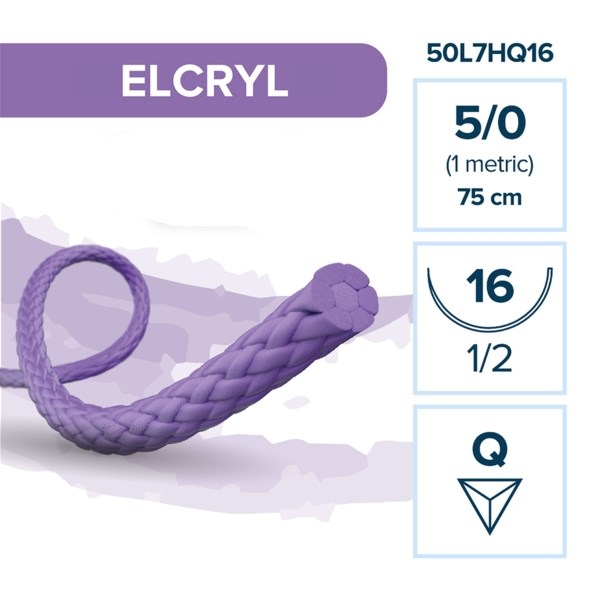 Elemaar ELCRYL 5/0 - шовный материал, 75 см, 1/2, 16 мм, обратно-режущая, 12 шт. 50L7HQ16 - фото 389031