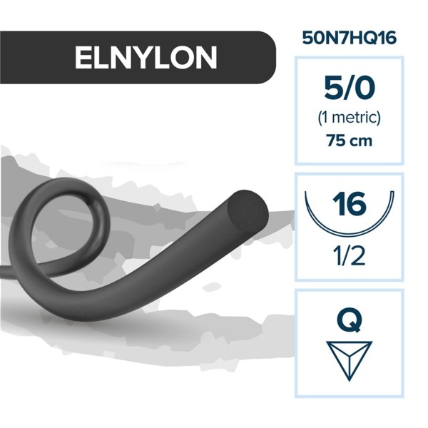 Elemaar ELNYLON 5/0 - шовный материал, 75 см, 1/2, 16 мм, обратно-режущая, 12 шт. 50N7HQ16 - фото 389069
