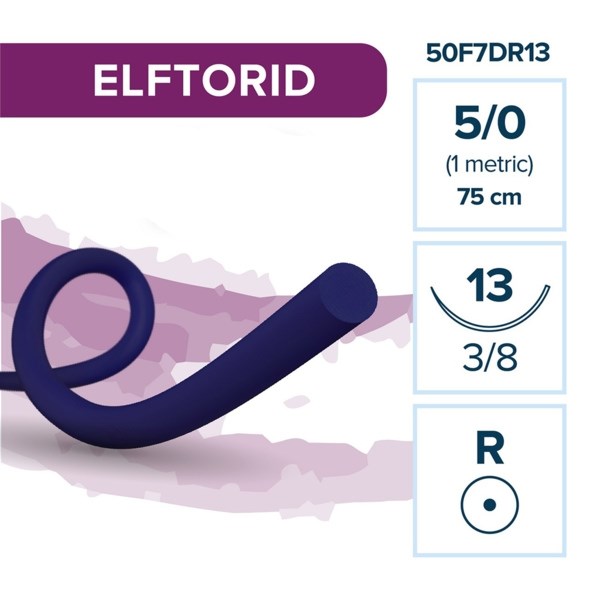 Elemaar ELFTORID 5/0 - шовный материал, 75 см, 3/8, 13 мм, колющая, 12 шт. 50F7DR13 - фото 389119