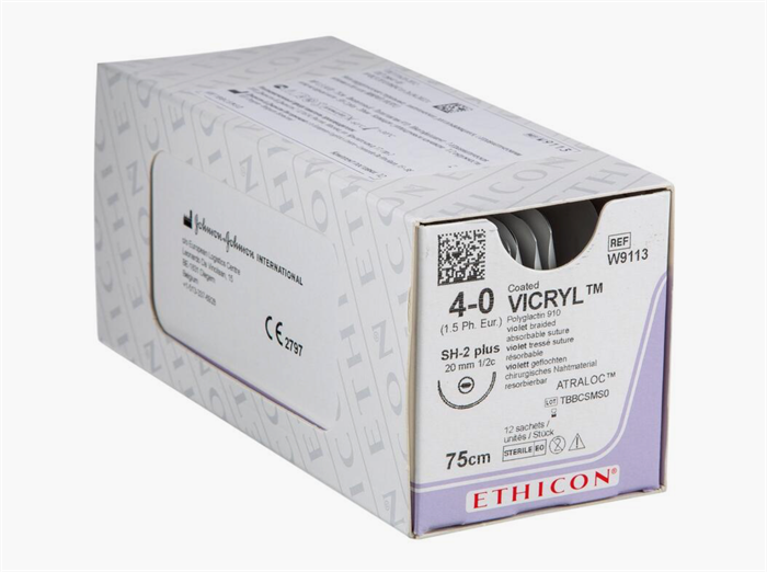 W9113 ВИКРИЛ (VICRYL) 4/0 (колющая 20 мм, фиолетовый 75 см, окр. 1/2) 12шт, ETHICON (США) W9113 - фото 434601