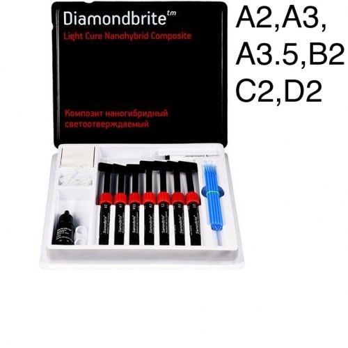 Diamondbrite Nanohybrid LC набор (7шпр.х4г. A2,А3,А3.5,В2,С2,D2,универс. опак, Etchant gel 4г, One step Dentin/Enamel Bond 5мл, аксесс.) 1231917545 - фото 438458