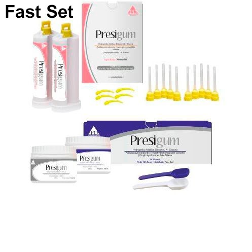 Presigum Fast Set НАБОР-материал оттискной гидрофильный А-силиконовый (Винилполисилоксан): Presigum Putty Kit Base Fast Set (250мл+ 250мл), Presigum Light Body Fastl Set 2х50мл, насадки для смешивания, President Dental (Германия) 1231910908 - фото 446671