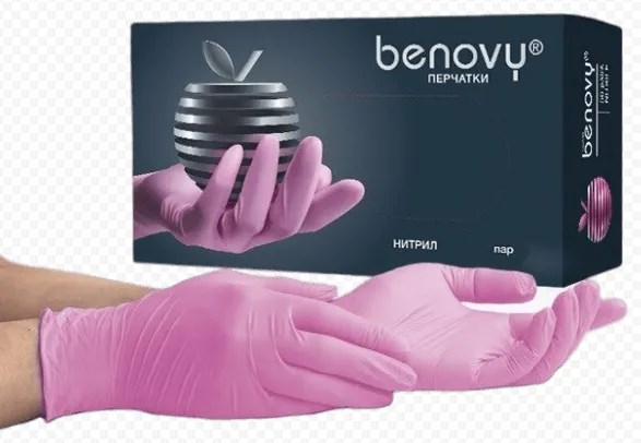 Перчатки нитриловые S (6-7), 100шт, розовые, Benovy УТ-00009133 - фото 523519