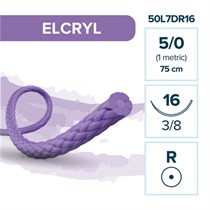 Elemaar ELCRYL 5/0 - шовный материал, 75 см, 3/8, 16 мм, колющая, 12 шт. 50L7DR16
