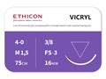 W9443 ВИКРИЛ (VICRYL) 4/0 (режущая 16 мм, фиолетовый 75см, окр. 3/8) 12 шт/уп, ETHICON (США) W9443 - фото 352670